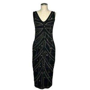 Isabel De Pedro Pencil Midi Dress. Silk Appliqué. Cotton Blend. Size 8. Boho.